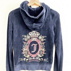 Juicy Couture Velour Zip Up Hoodie - Medium- Navy Blue & Pink.